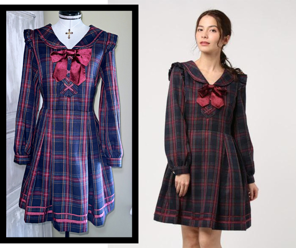 Secret Honey Red x Navy Gingham Check Sailor OP Dress Preppy Jirai Kei Japan